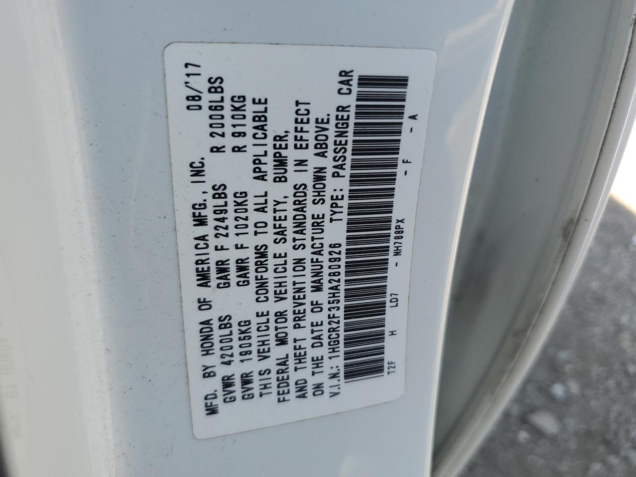 2017 Honda Accord Lx VIN: 1HGCR2F35HA280926 Lot: 85295675