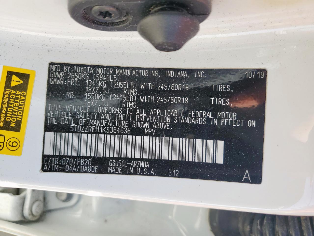 2019 Toyota Highlander Le VIN: 5TDZZRFH1KS364636 Lot: 86315905