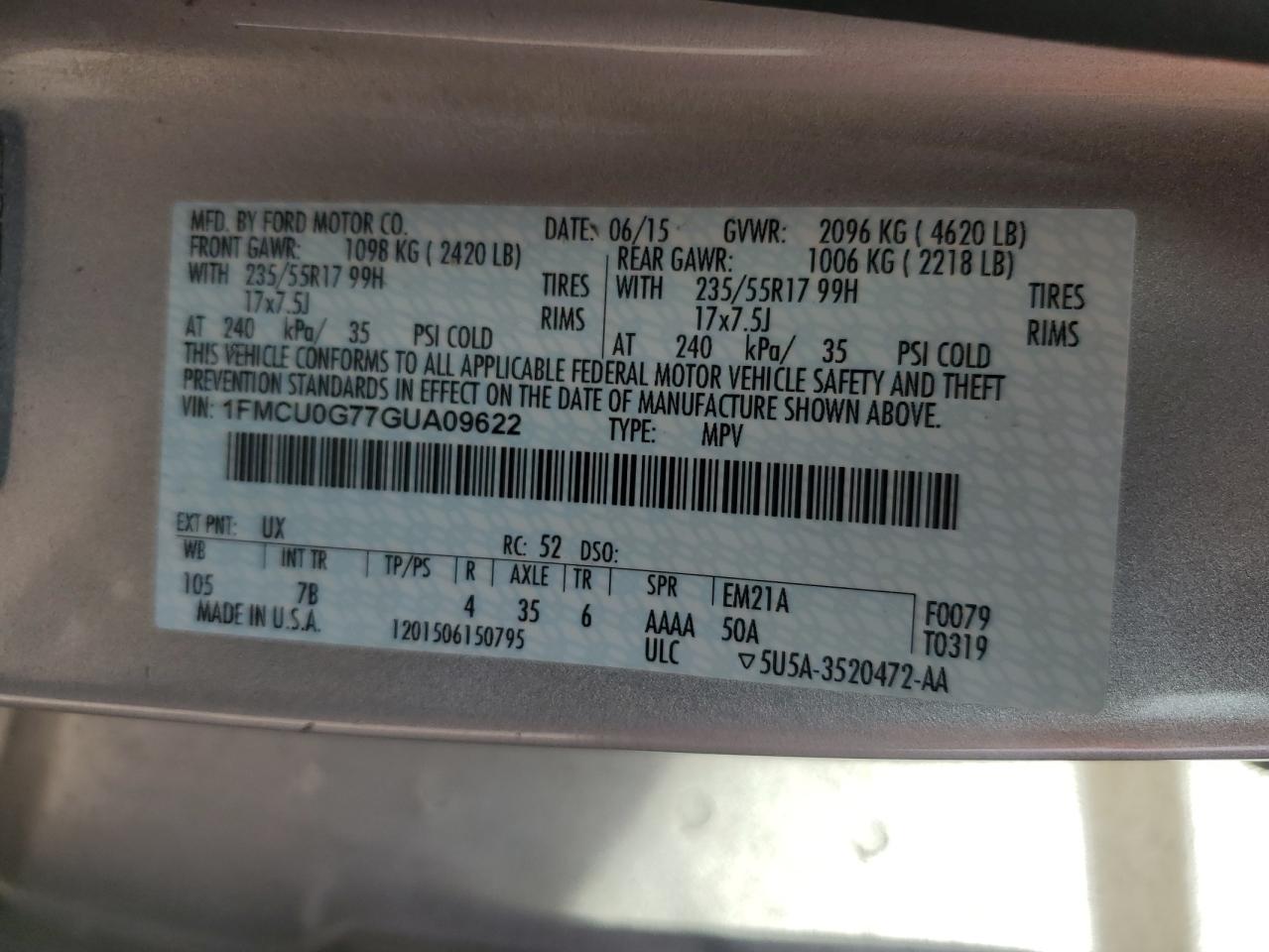 2016 Ford Escape Se VIN: 1FMCU0G77GUA09622 Lot: 82742835