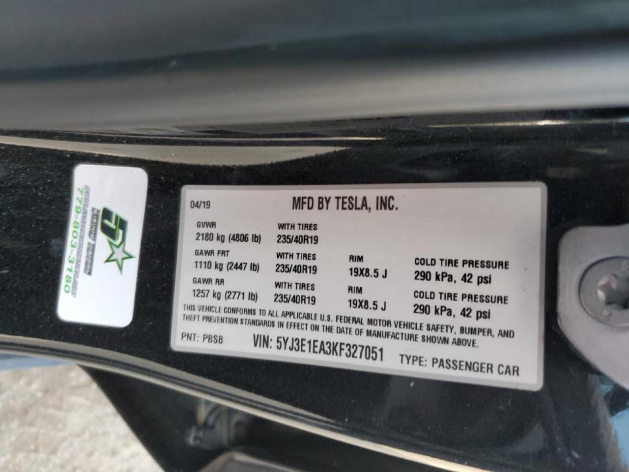 2019 Tesla Model 3 VIN: 5YJ3E1EA3KF327051 Lot: 85280755