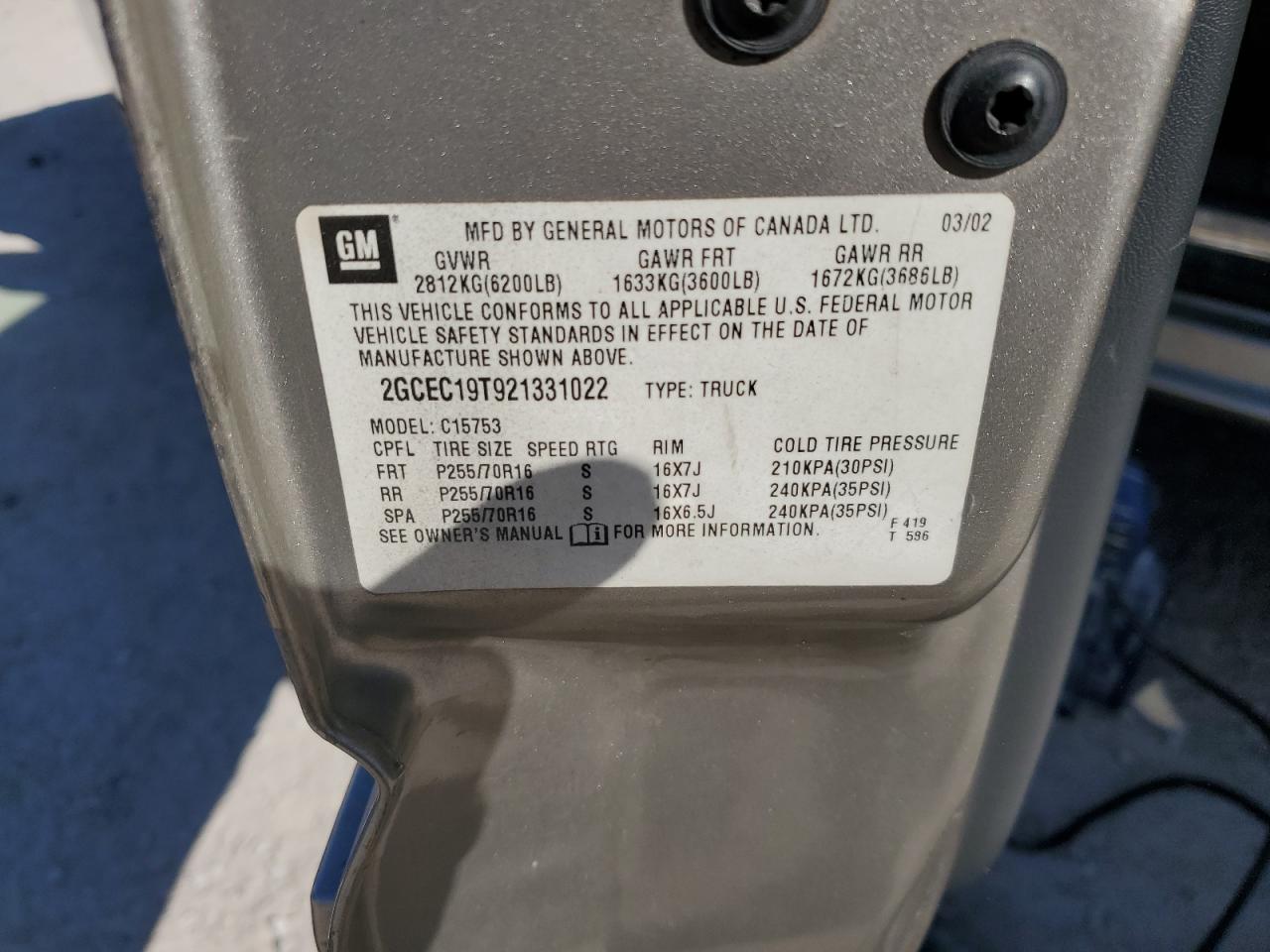 2002 Chevrolet Silverado C1500 VIN: 2GCEC19T921331022 Lot: 82339255