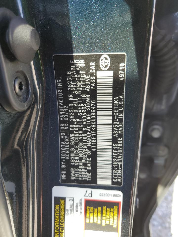 2012 Toyota Camry Base VIN: 4T1BF1FK6CU086476 Lot: 82551175