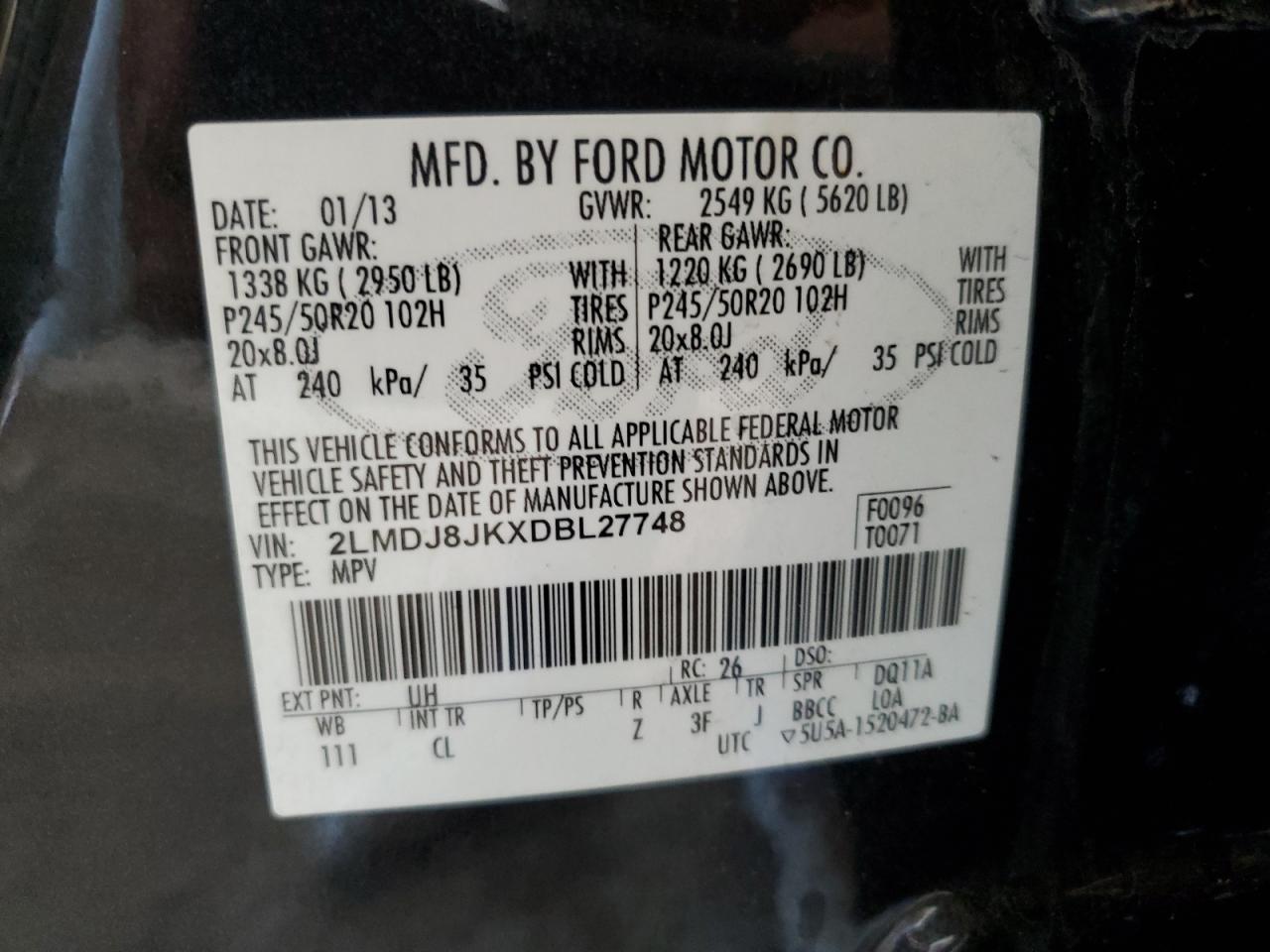 2013 Lincoln Mkx VIN: 2LMDJ8JKXDBL27748 Lot: 84479755