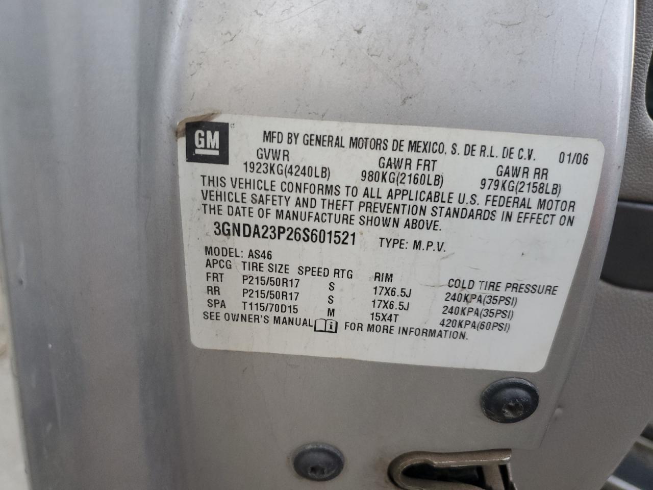 2006 Chevrolet Hhr Lt VIN: 3GNDA23P26S601521 Lot: 82652155