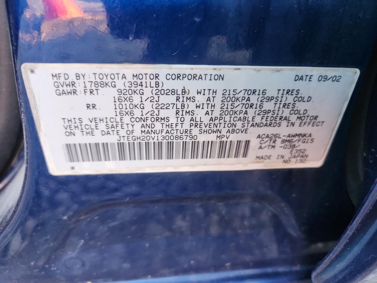 2003 Toyota Rav4 VIN: JTEGH20V130086790 Lot: 86057285