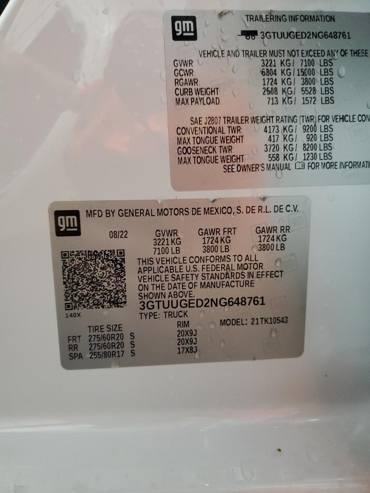 2022 GMC Sierra K1500 Denali VIN: 3GTUUGED2NG648761 Lot: 85374205