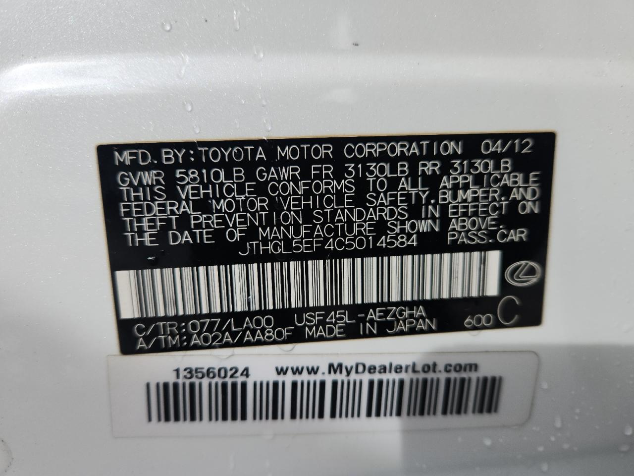 2012 Lexus Ls 460 VIN: JTHCL5EF4C5014584 Lot: 85424695