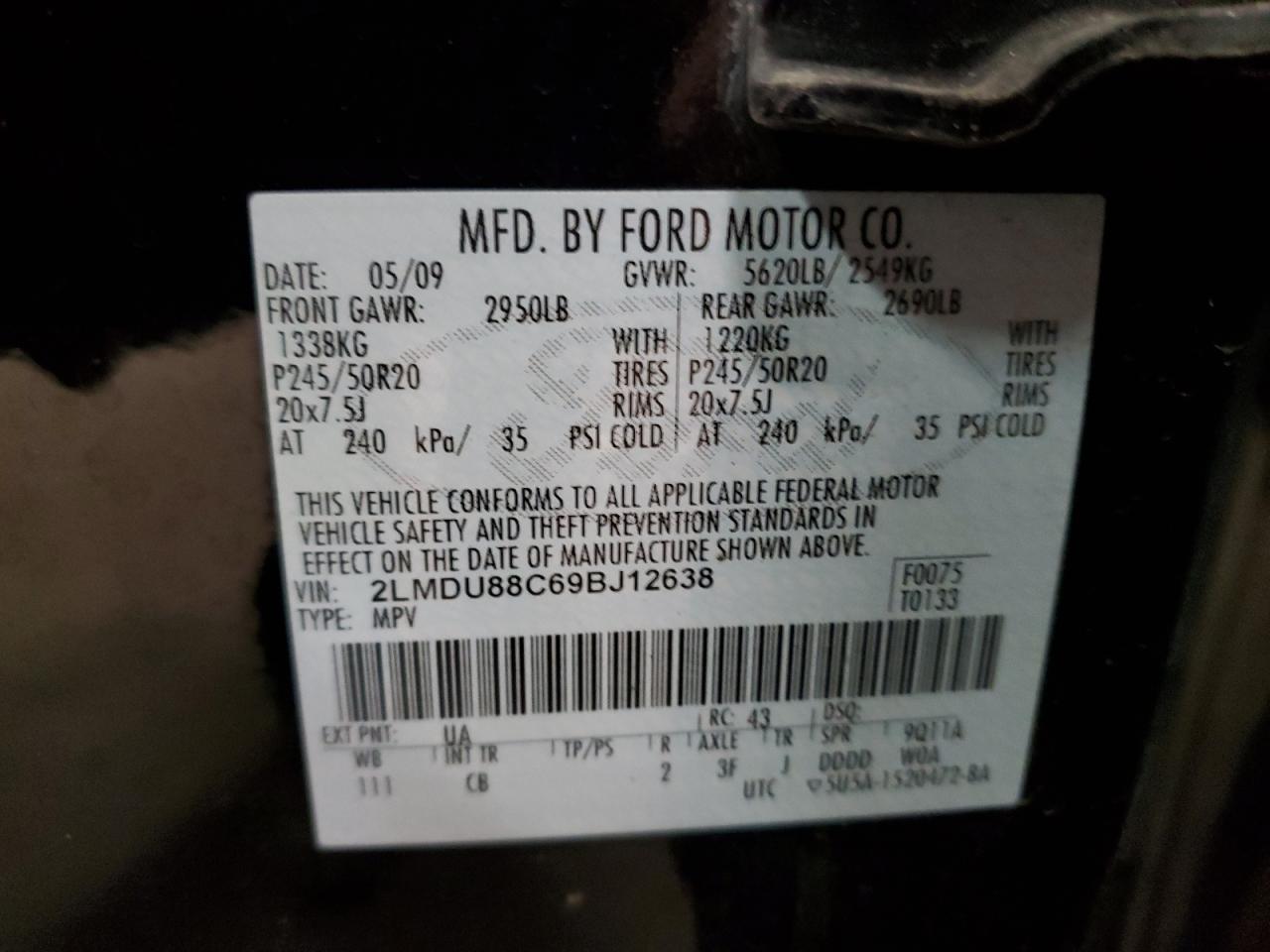 2009 Lincoln Mkx VIN: 2LMDU88C69BJ12638 Lot: 86139345