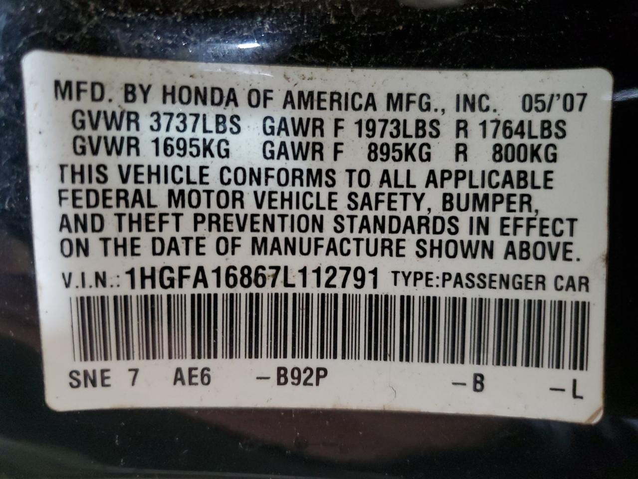 2007 Honda Civic Ex VIN: 1HGFA16867L112791 Lot: 82254625