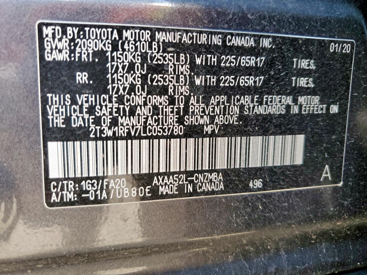 2020 Toyota Rav4 Xle VIN: 2T3W1RFV7LC053780 Lot: 84570575