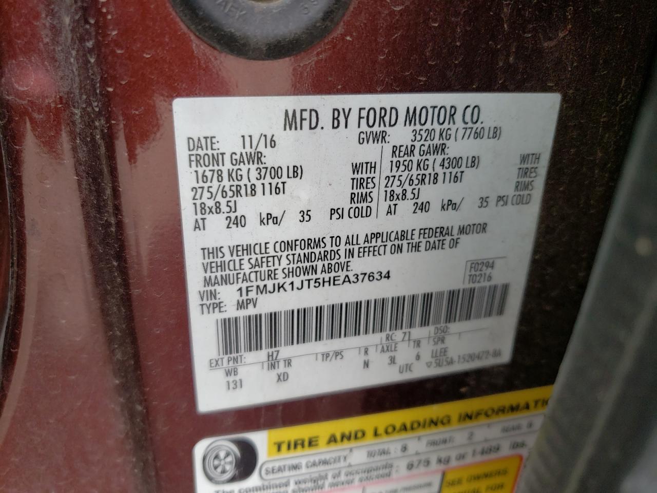 2017 Ford Expedition El Xlt VIN: 1FMJK1JT5HEA37634 Lot: 81892295