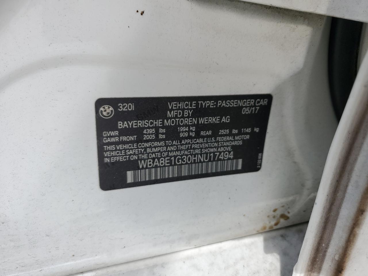 2017 BMW 320 I VIN: WBA8E1G30HNU17494 Lot: 84548465