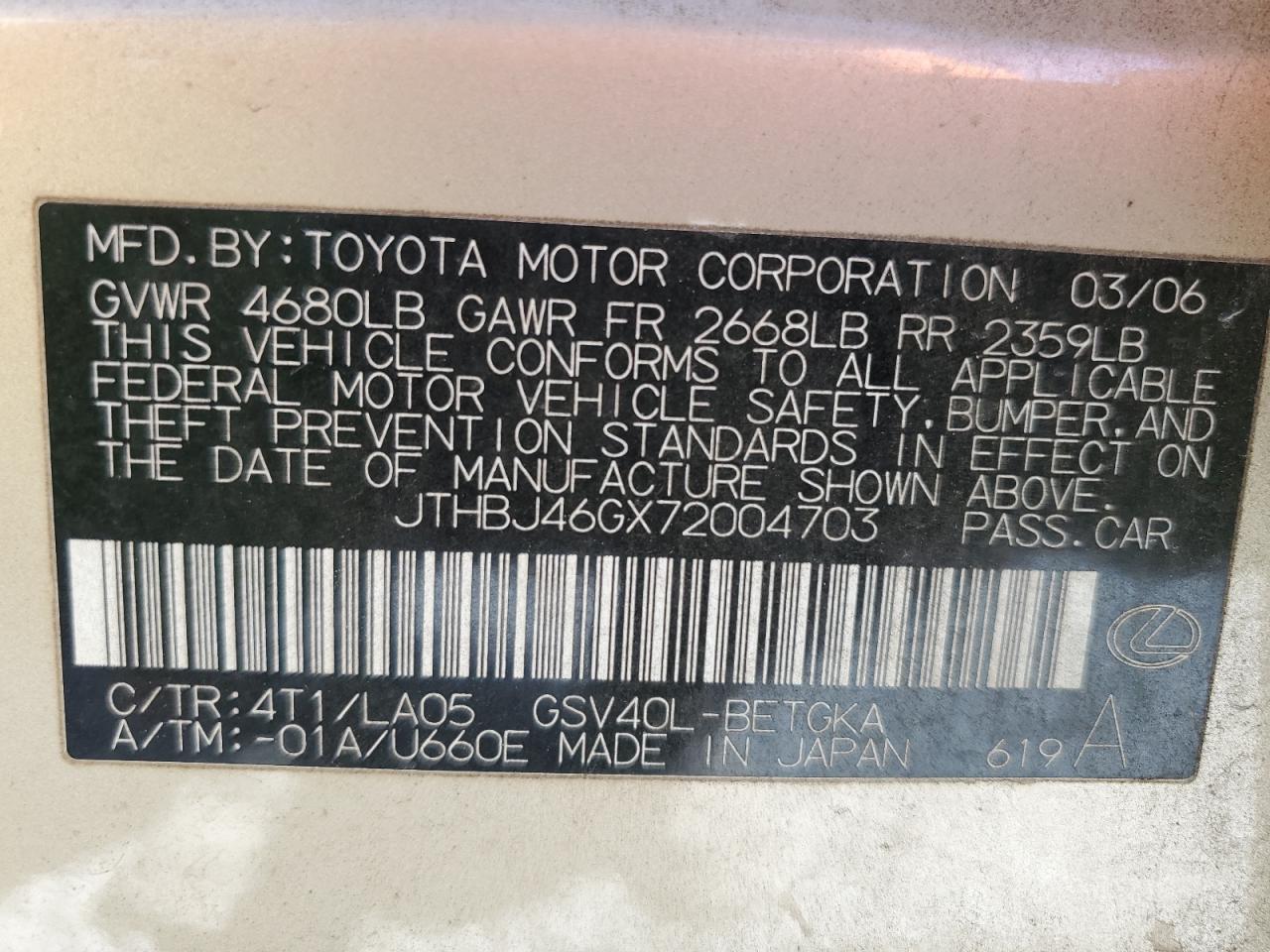 2007 Lexus Es 350 VIN: JTHBJ46GX72004703 Lot: 86507685