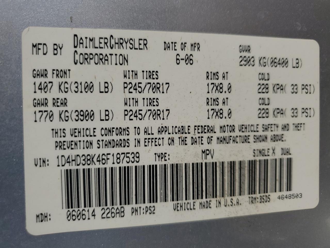 2006 Dodge Durango Sxt VIN: 1D4HD38K46F187539 Lot: 82273165