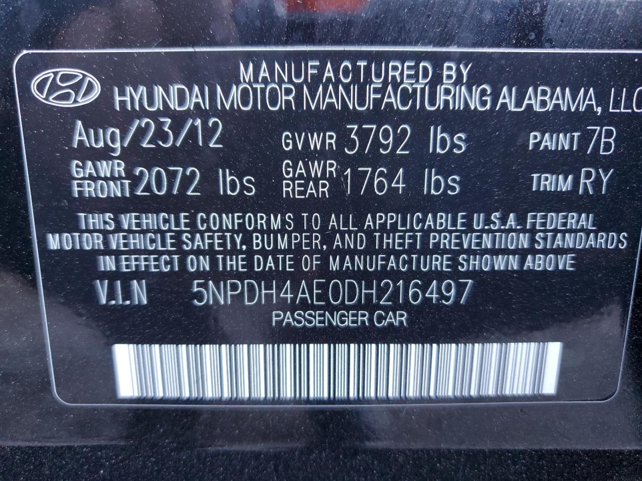 2013 Hyundai Elantra Gls VIN: 5NPDH4AE0DH216497 Lot: 86820645