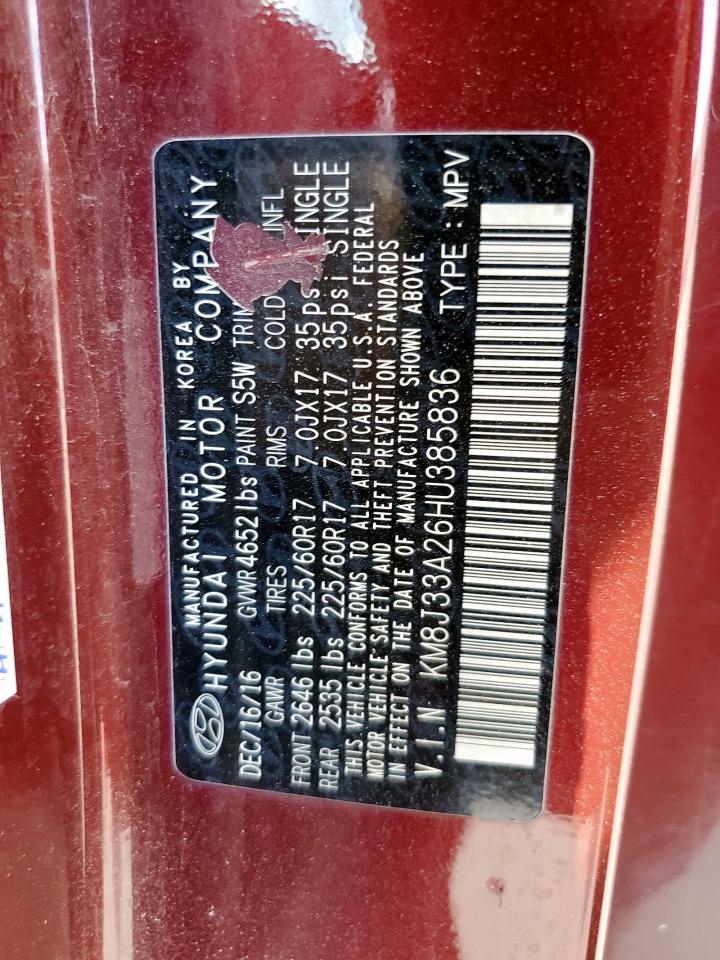 2017 Hyundai Tucson Limited VIN: KM8J33A26HU385836 Lot: 85172135