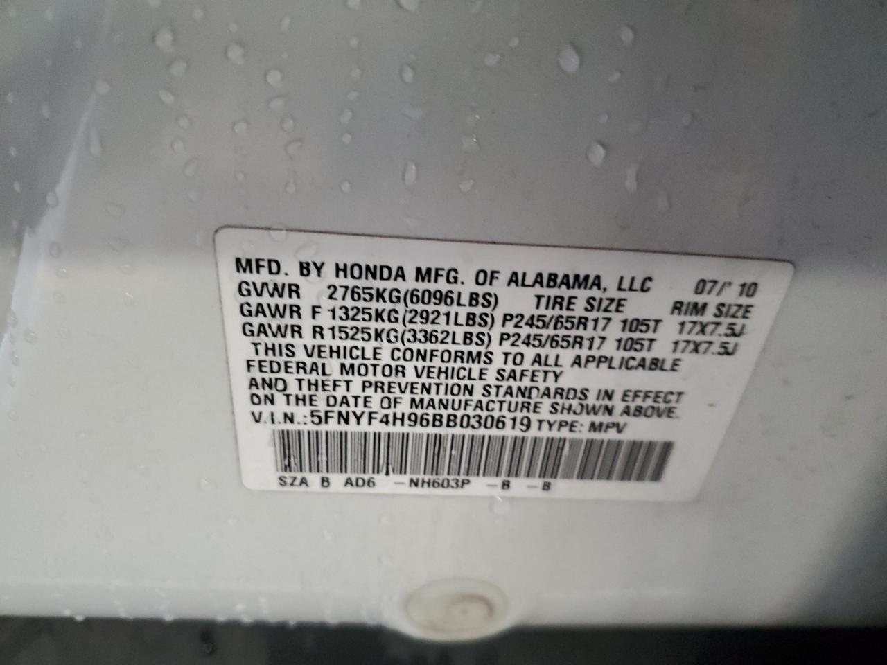 2011 Honda Pilot Touring VIN: 5FNYF4H96BB030619 Lot: 85697345