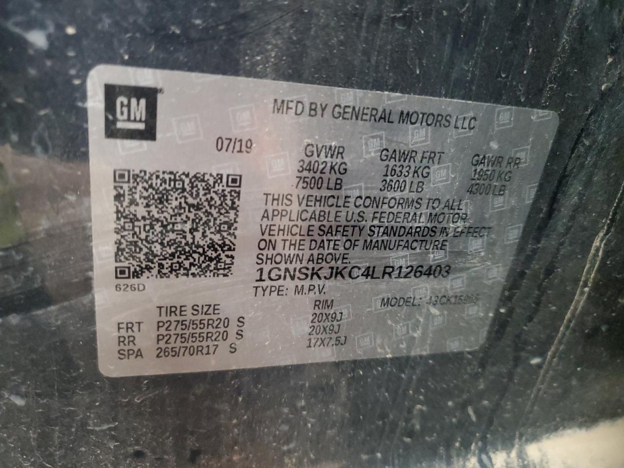 2020 Chevrolet Suburban K1500 Premier VIN: 1GNSKJKC4LR126403 Lot: 84433485