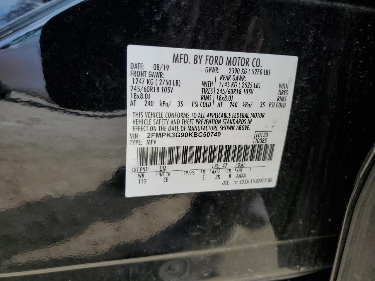 2019 Ford Edge Se VIN: 2FMPK3G90KBC50740 Lot: 81935825