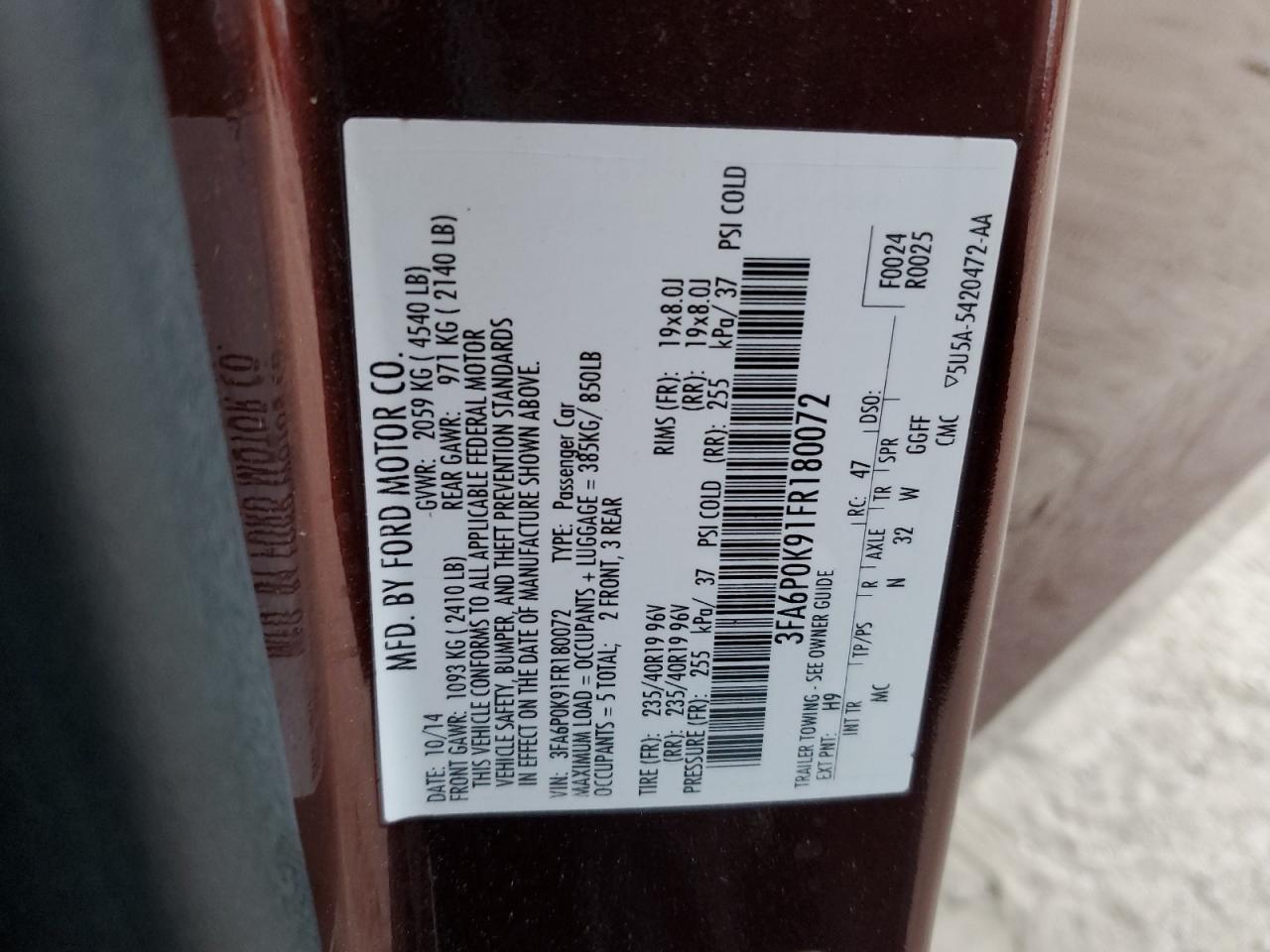 2015 Ford Fusion Titanium VIN: 3FA6P0K91FR180072 Lot: 90099425