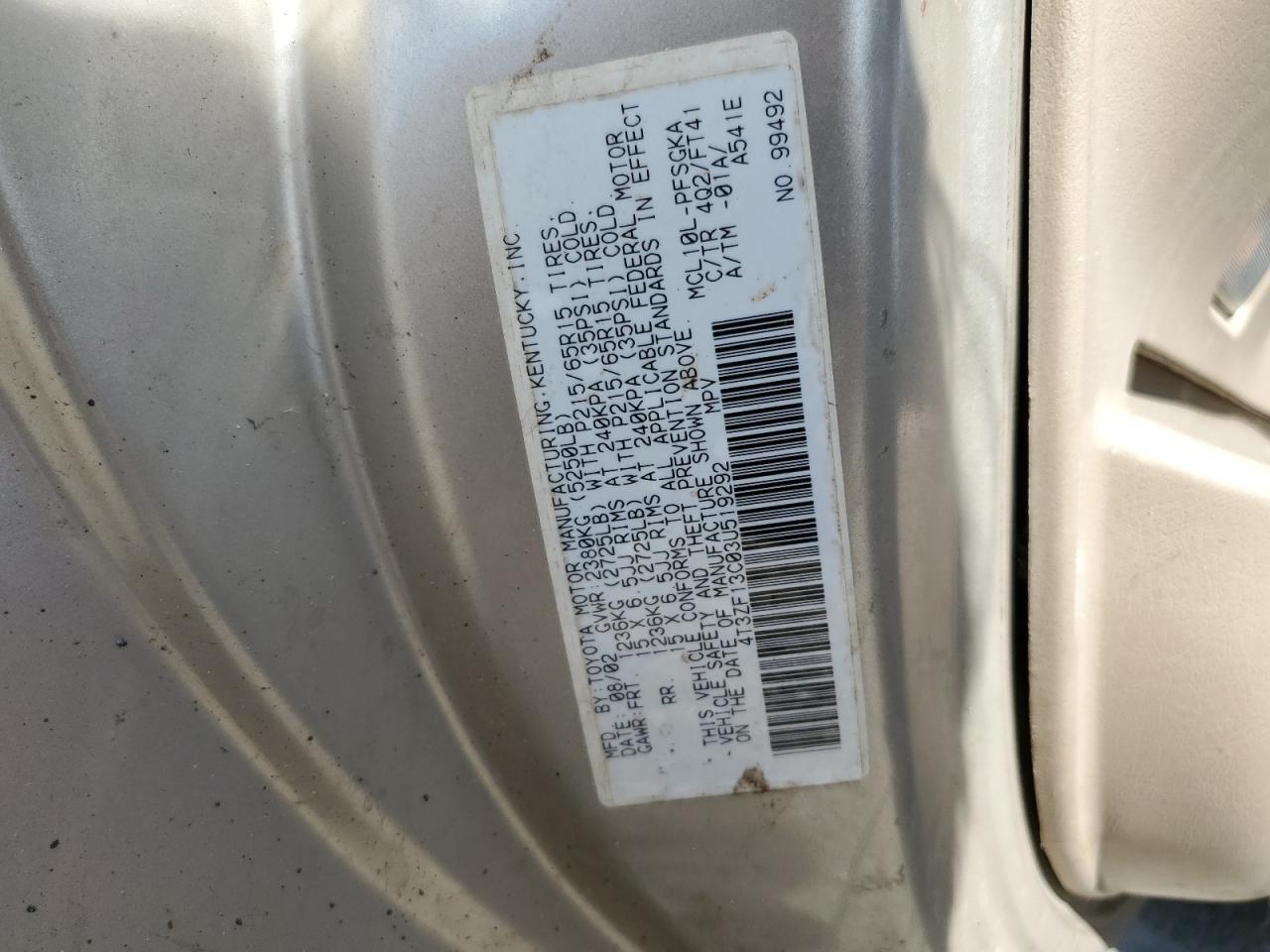 2003 Toyota Sienna Le VIN: 4T3ZF13C03U519292 Lot: 85164775