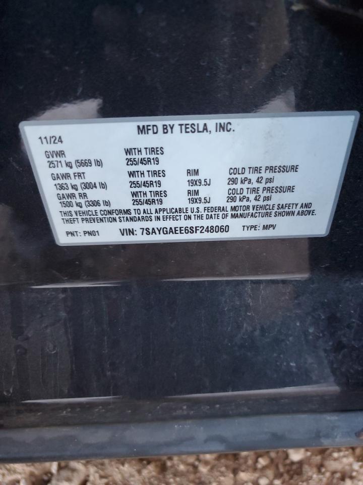 2025 Tesla Model Y VIN: 7SAYGAEE6SF248060 Lot: 84958195