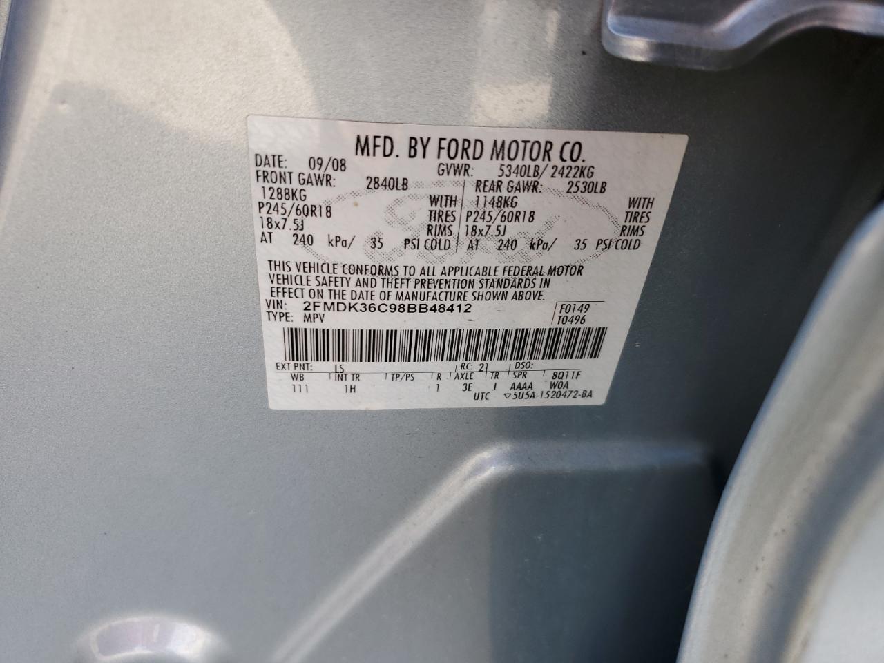 2008 Ford Edge Se VIN: 2FMDK36C98BB48412 Lot: 86310695