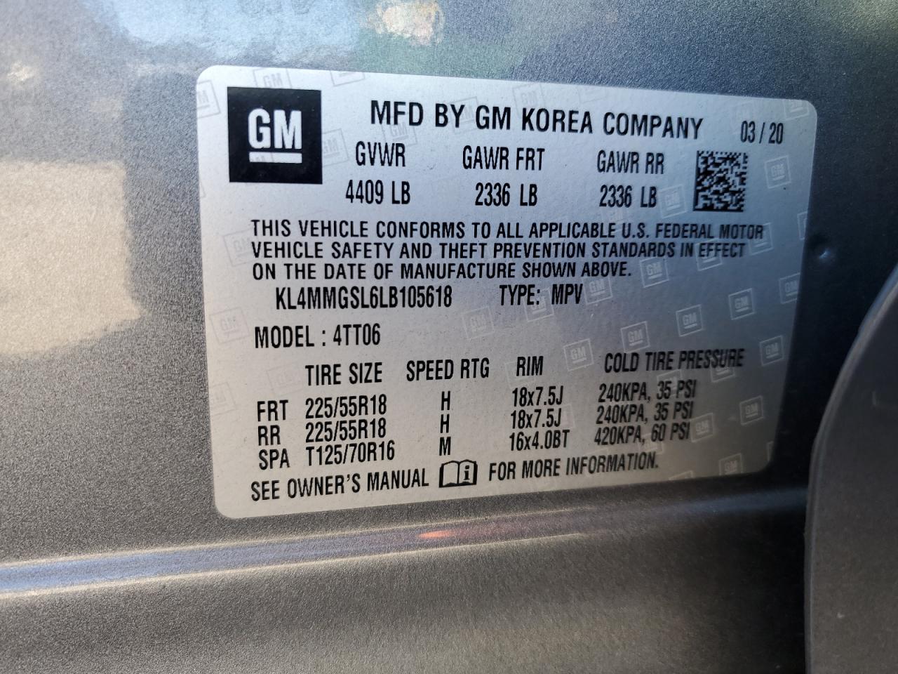 2020 Buick Encore Gx Essence VIN: KL4MMGSL6LB105618 Lot: 86100965