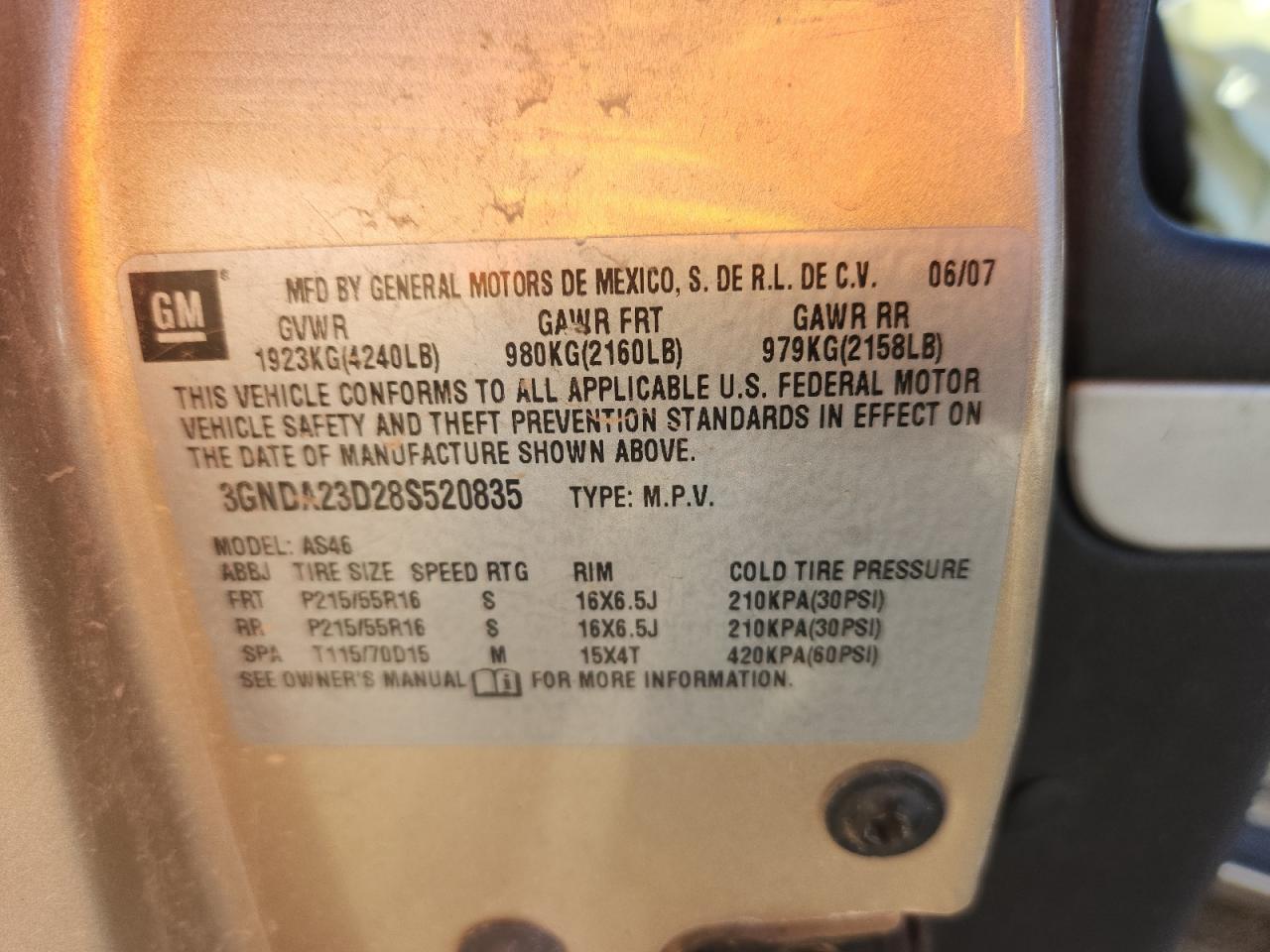 2008 Chevrolet Hhr Lt VIN: 3GNDA23D28S520835 Lot: 90383175