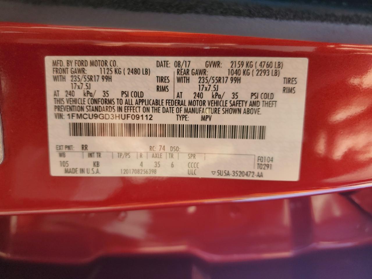 2017 Ford Escape Se VIN: 1FMCU9GD3HUF09112 Lot: 86648605