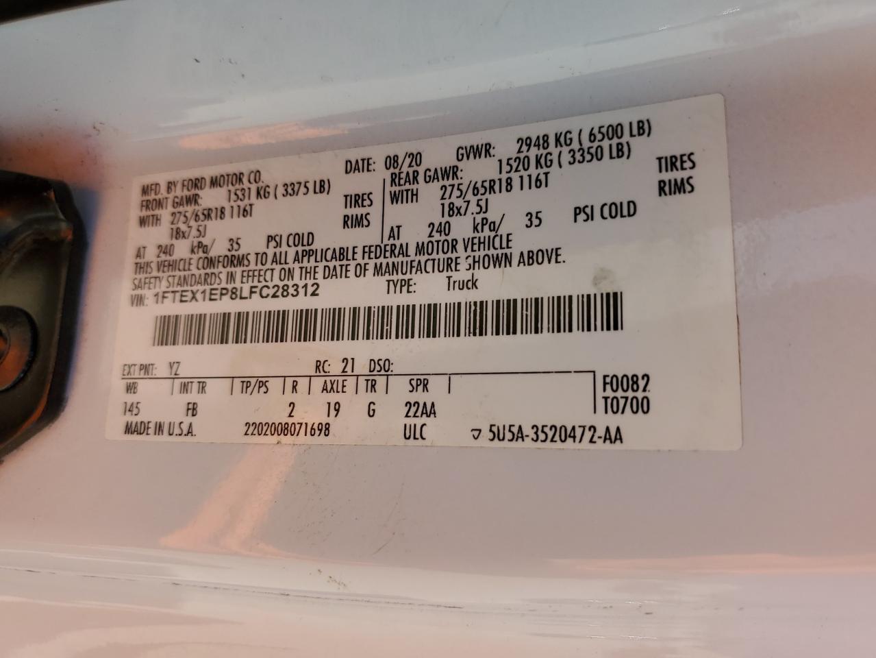 2020 Ford F150 Super Cab VIN: 1FTEX1EP8LFC28312 Lot: 86300615