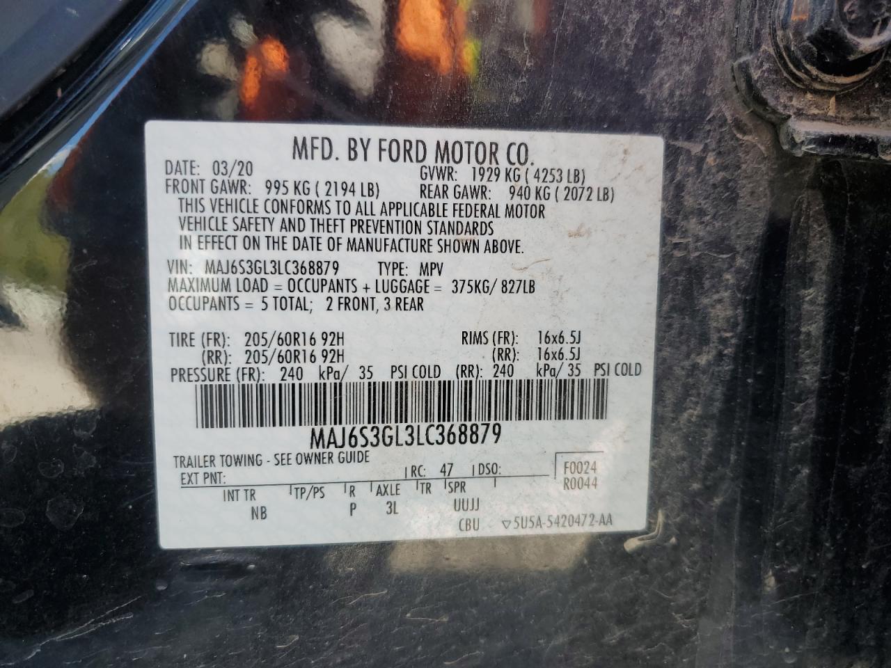 2020 Ford Ecosport Se VIN: MAJ6S3GL3LC368879 Lot: 84430655