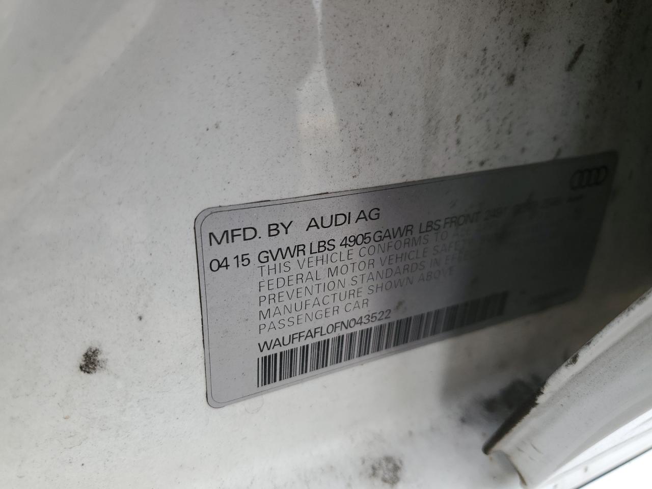 2015 Audi A4 Premium Plus VIN: WAUFFAFL0FN043522 Lot: 86520355