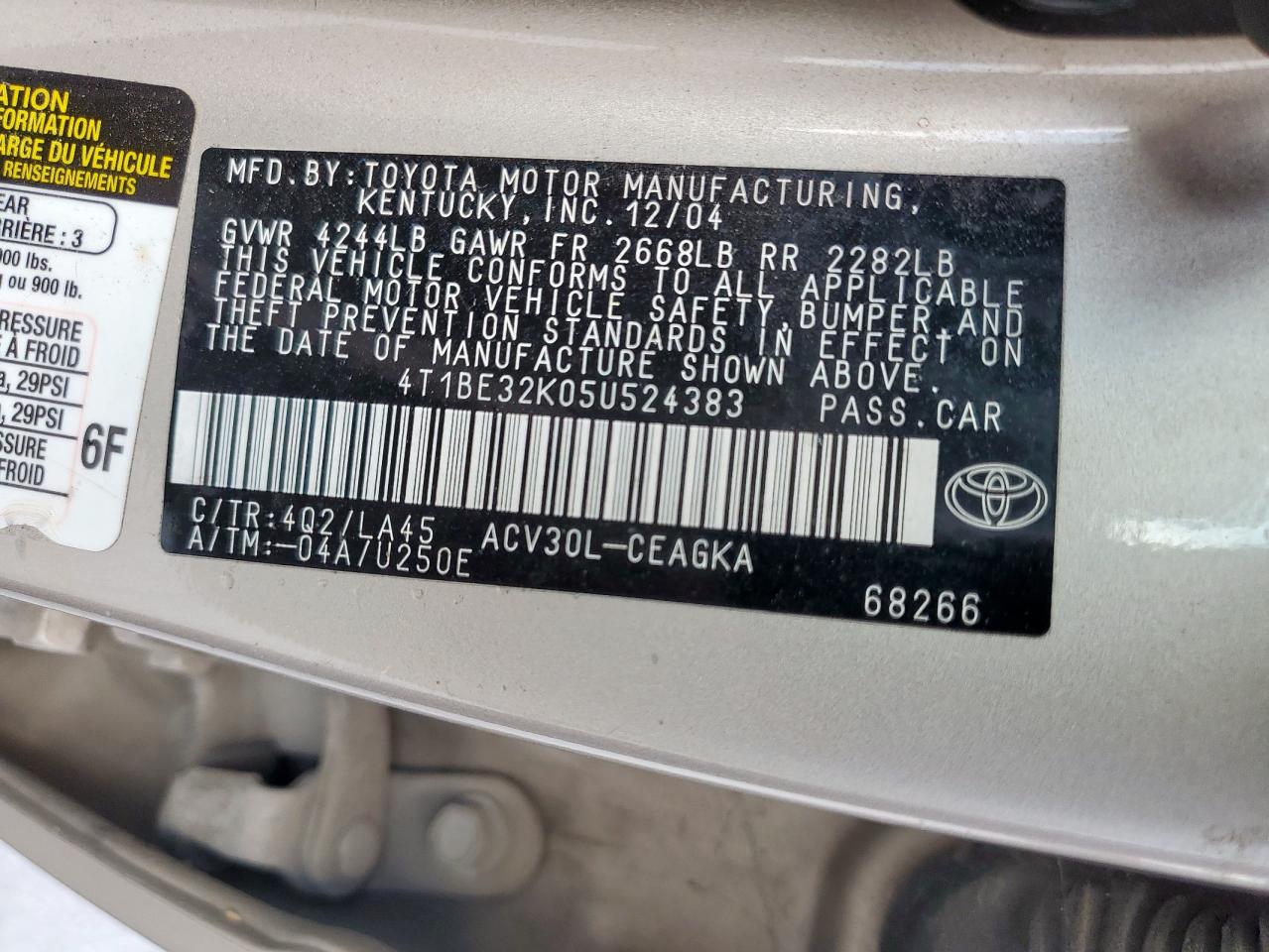 2005 Toyota Camry Le VIN: 4T1BE32K05U524383 Lot: 82257885