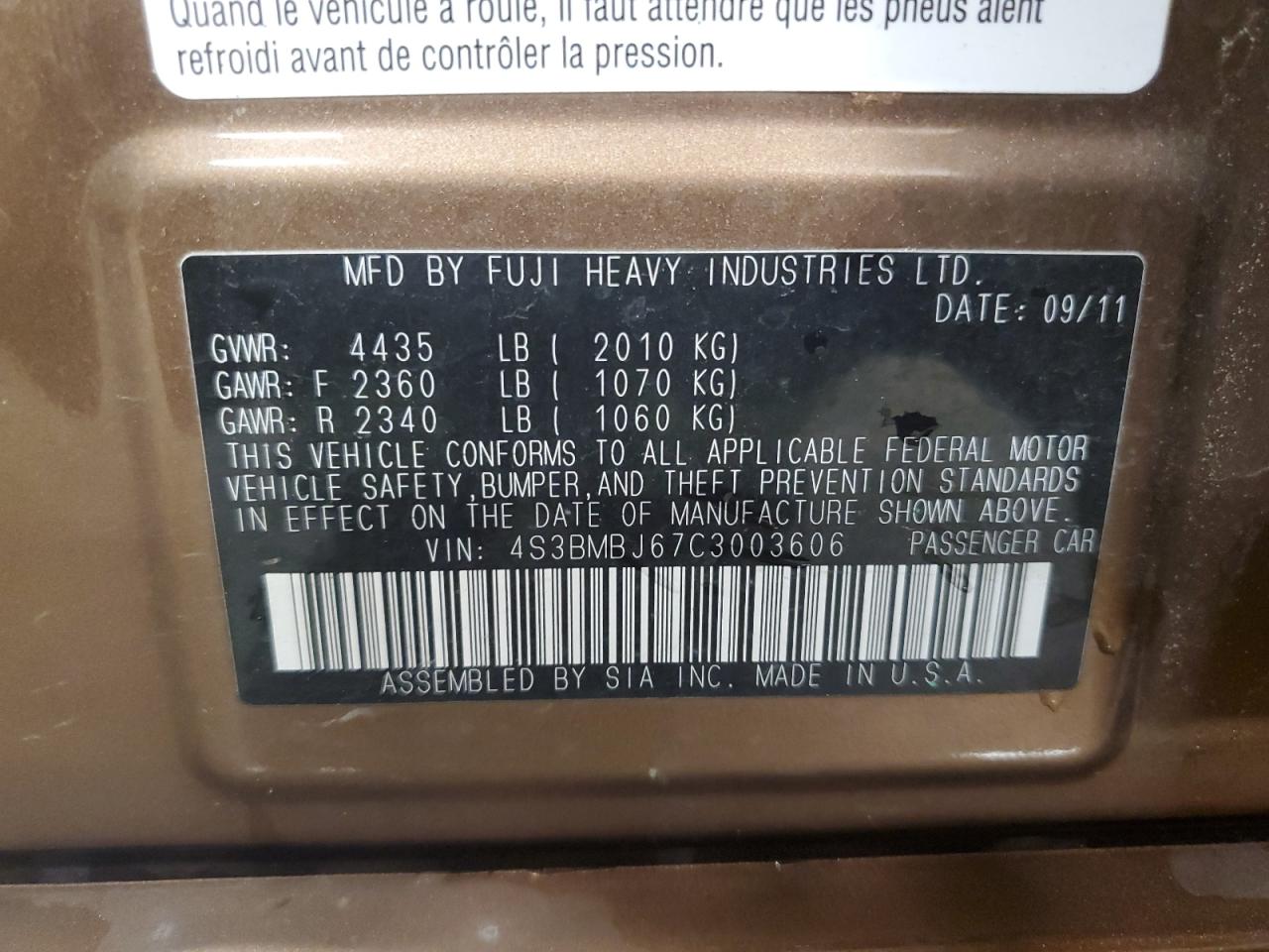 2012 Subaru Legacy 2.5I Limited VIN: 4S3BMBJ67C3003606 Lot: 84402725