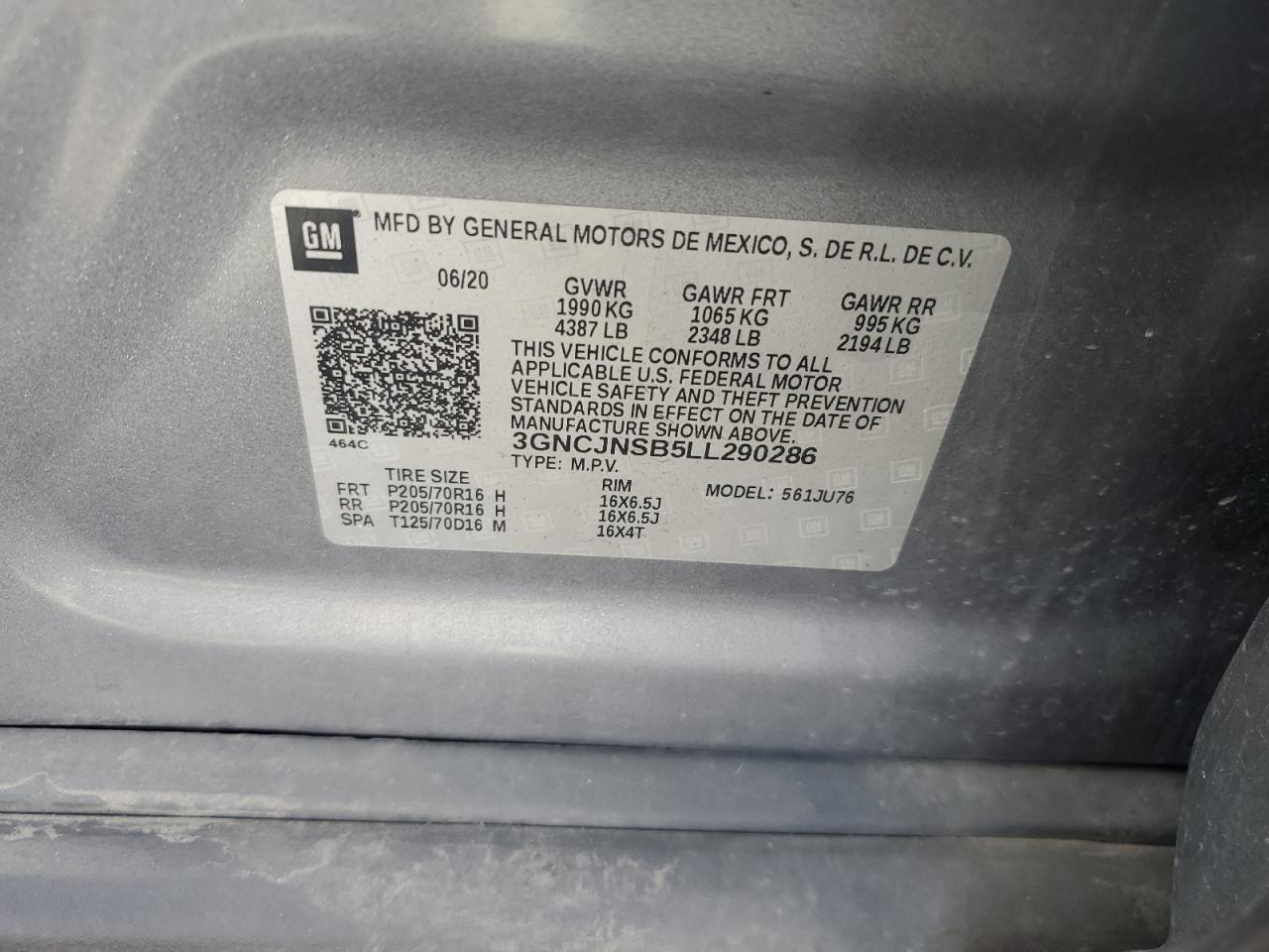 2020 Chevrolet Trax Ls VIN: 3GNCJNSB5LL290286 Lot: 82350215