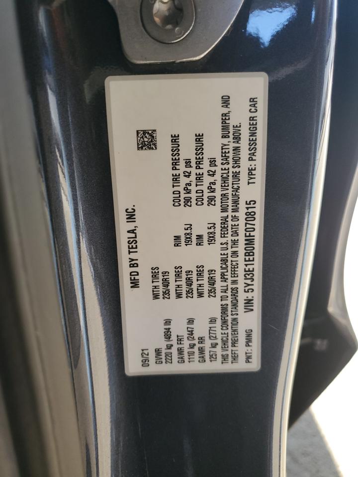 2021 Tesla Model 3 VIN: 5YJ3E1EB0MF070815 Lot: 87077035