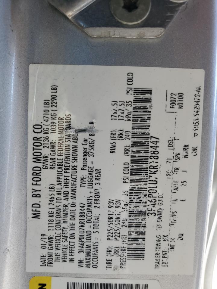 2019 Ford Fusion Se VIN: 3FA6P0LU7KR188447 Lot: 82638035