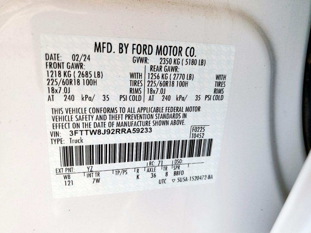 2024 Ford Maverick Xlt VIN: 3FTTW8J92RRA59233 Lot: 90583985