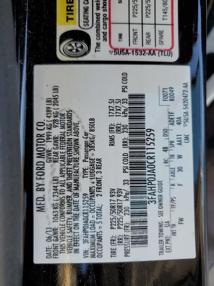 2012 Ford Fusion Sel VIN: 3FAHP0JA0CR115259 Lot: 86528235