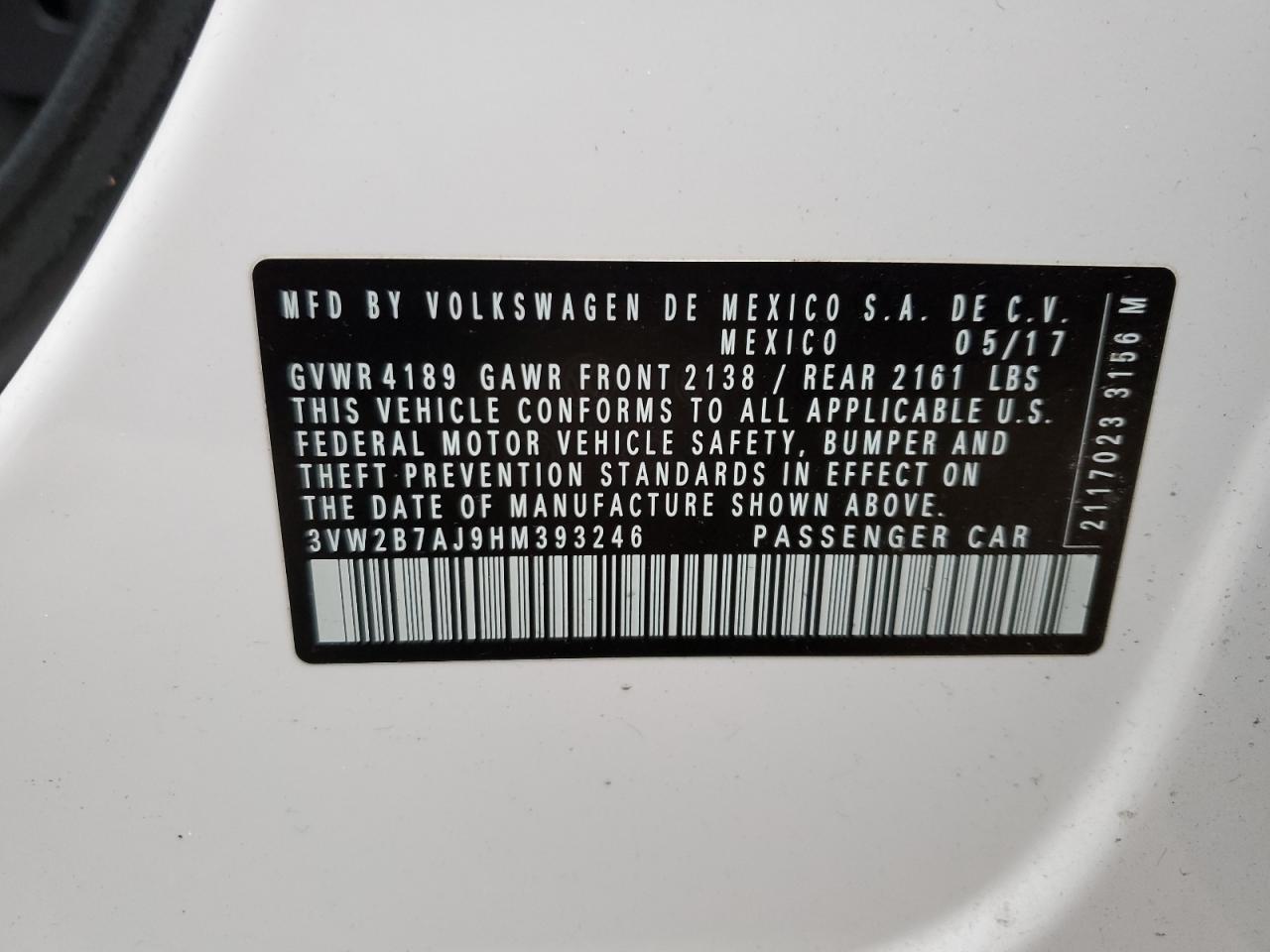 2017 Volkswagen Jetta S VIN: 3VW2B7AJ9HM393246 Lot: 85135755