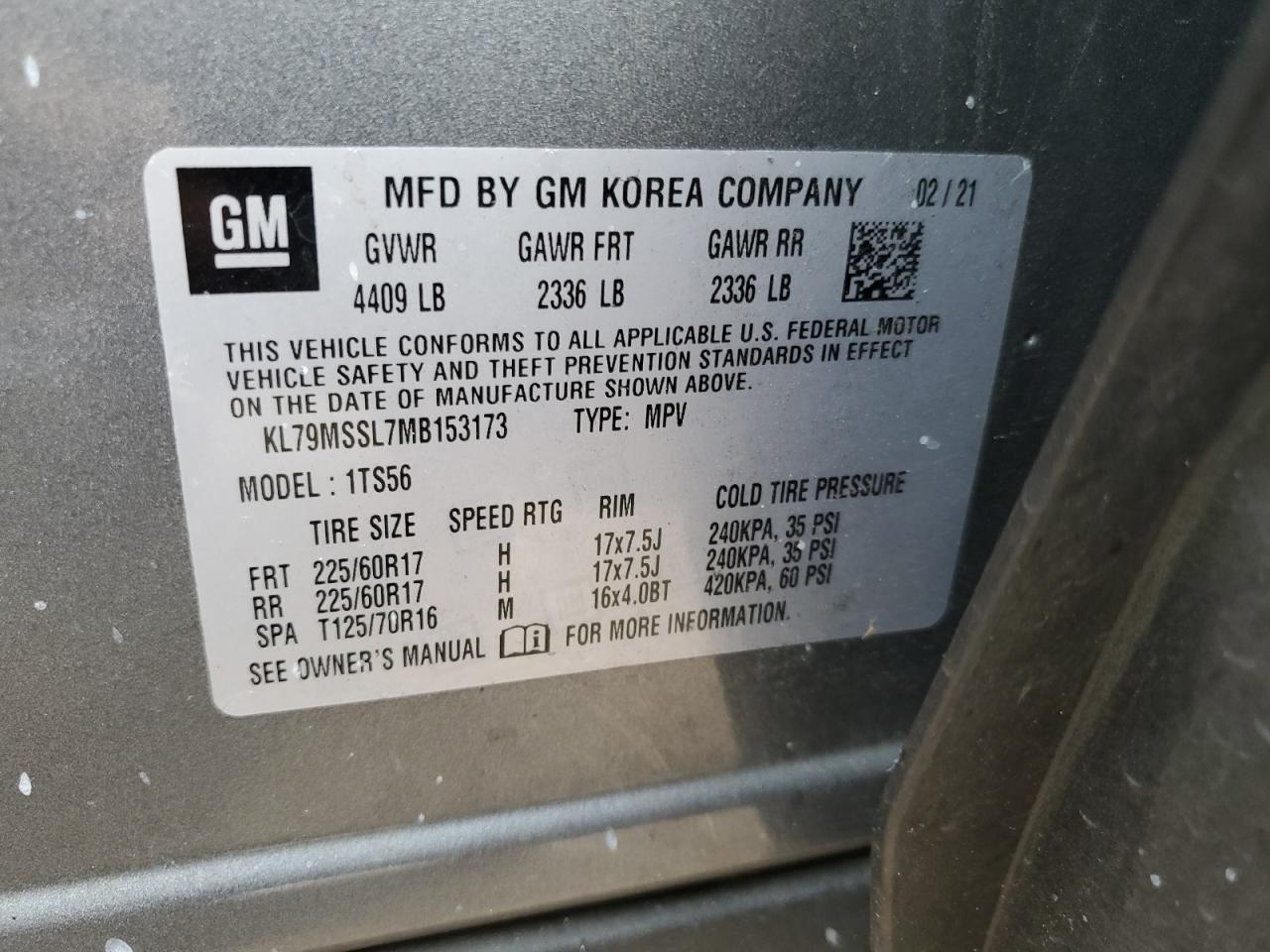 2021 Chevrolet Trailblazer Activ VIN: KL79MSSL7MB153173 Lot: 84811195