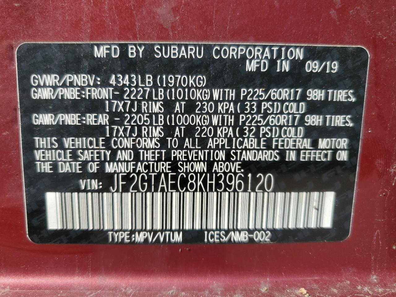 2019 Subaru Crosstrek Premium VIN: JF2GTAEC8KH396120 Lot: 84761135