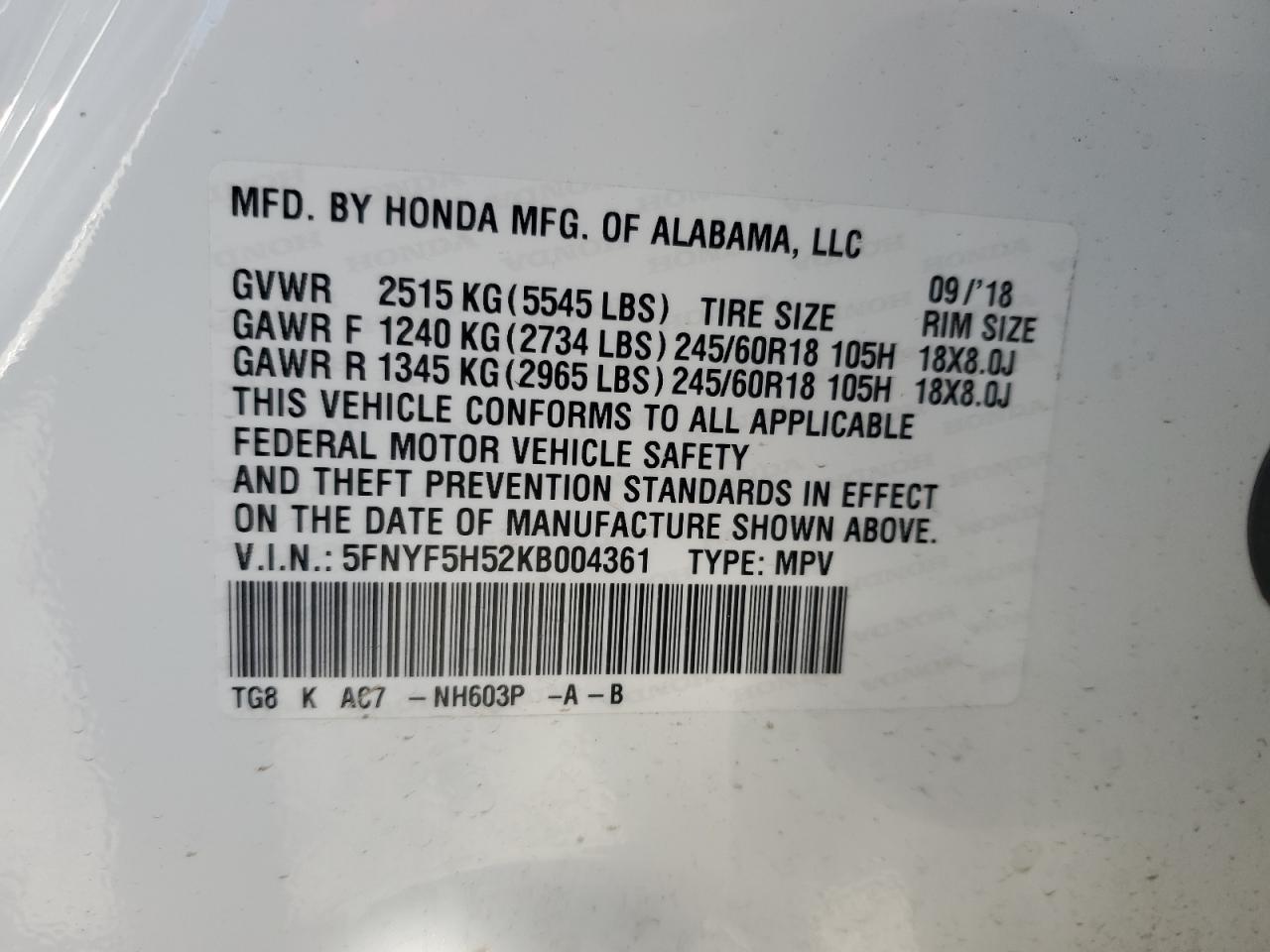 2019 Honda Pilot Exl VIN: 5FNYF5H52KB004361 Lot: 86643855
