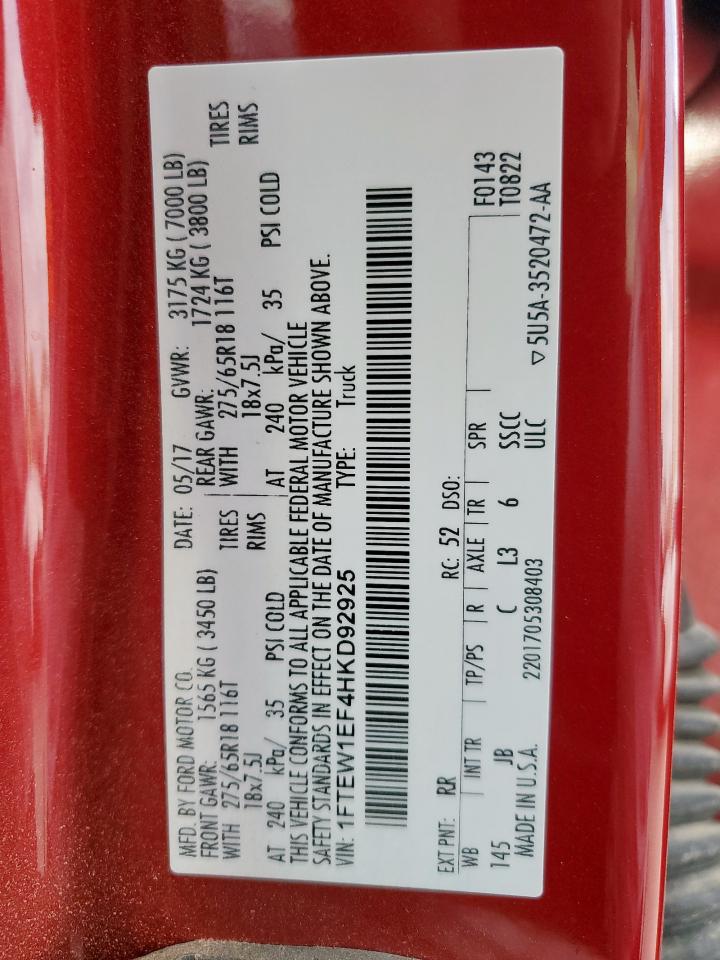 2017 Ford F150 Supercrew VIN: 1FTEW1EF4HKD92925 Lot: 82178165