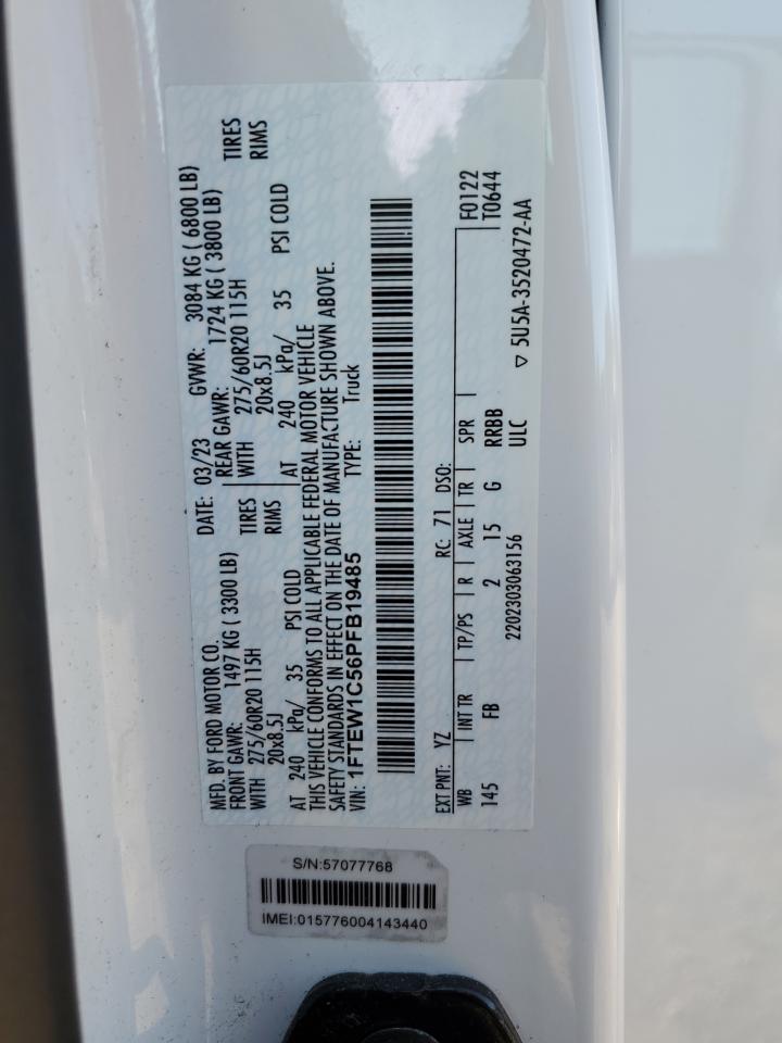 2023 Ford F150 Supercrew VIN: 1FTEW1C56PFB19485 Lot: 81918305