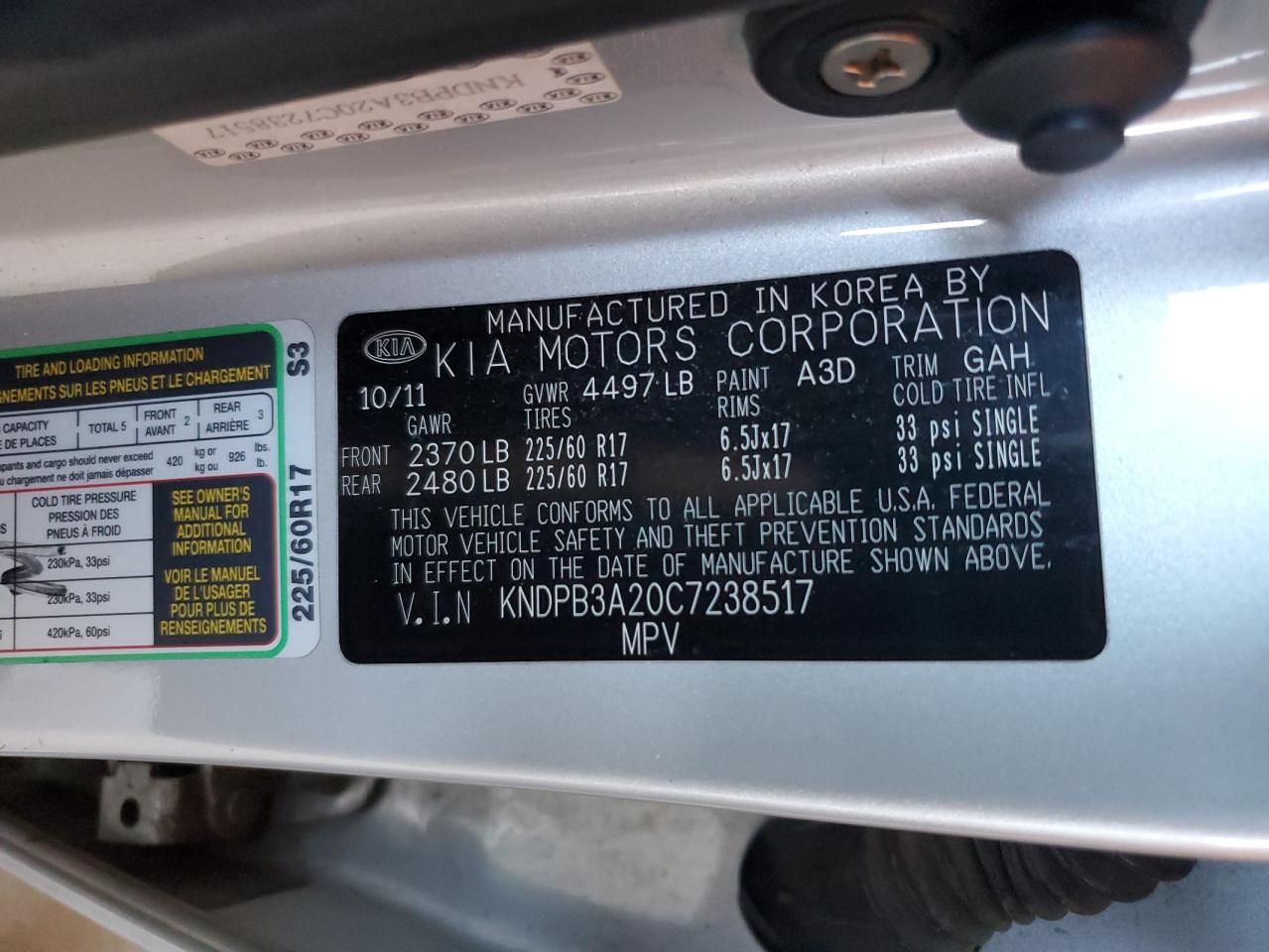 2012 Kia Sportage Base VIN: KNDPB3A20C7238517 Lot: 82606455