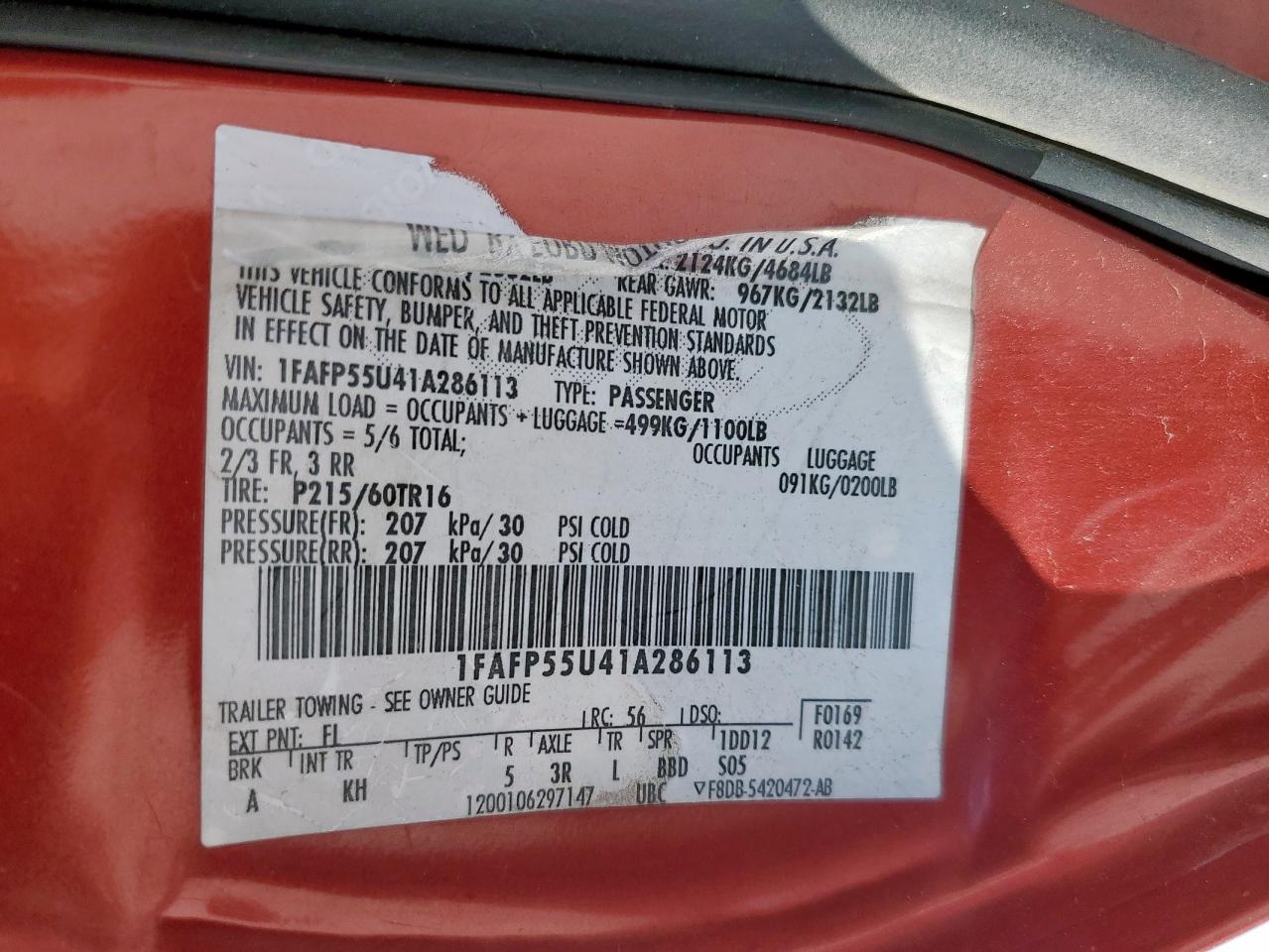 2001 Ford Taurus Ses VIN: 1FAFP55U41A286113 Lot: 85545755