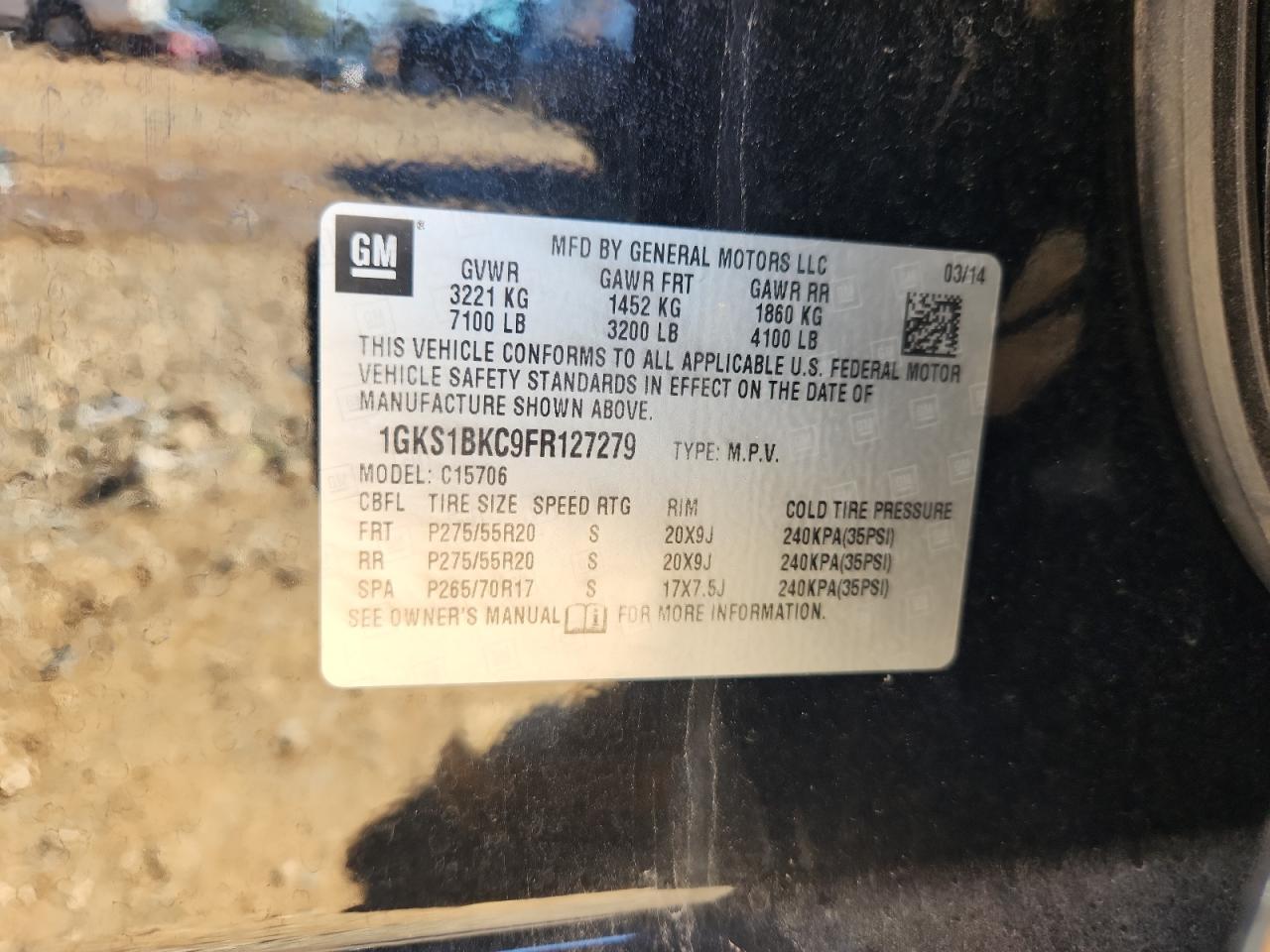 2015 GMC Yukon Slt VIN: 1GKS1BKC9FR127279 Lot: 82709495