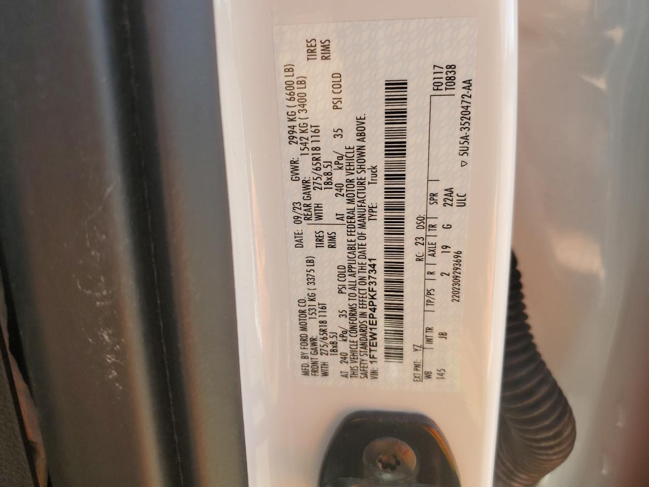 2023 Ford F150 Supercrew VIN: 1FTEW1EP4PKF37341 Lot: 89458895